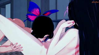 Shinobu fucks Nezuko doggystyle hangtud nga siya orgasms.